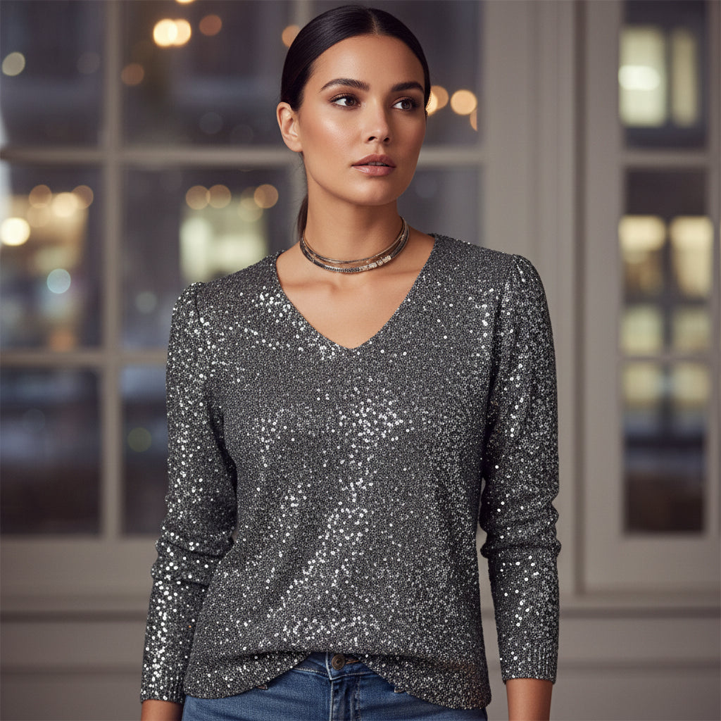 Women’s Sweater | Glitter V-Neck, Elegant Fit - 3