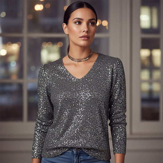 Women’s Sweater | Glitter V-Neck, Elegant Fit - 3
