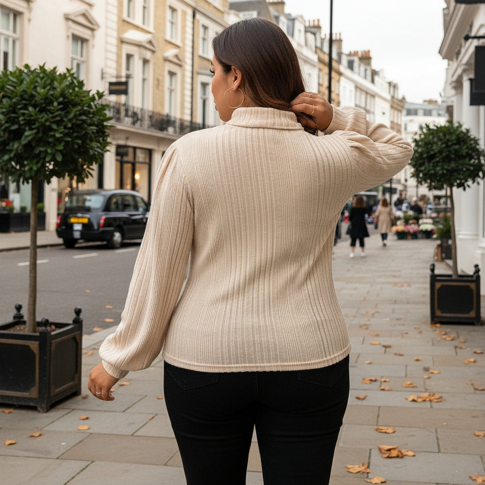 Women’s Sweater | Ribbed Design, Lantern Sleeves - 2