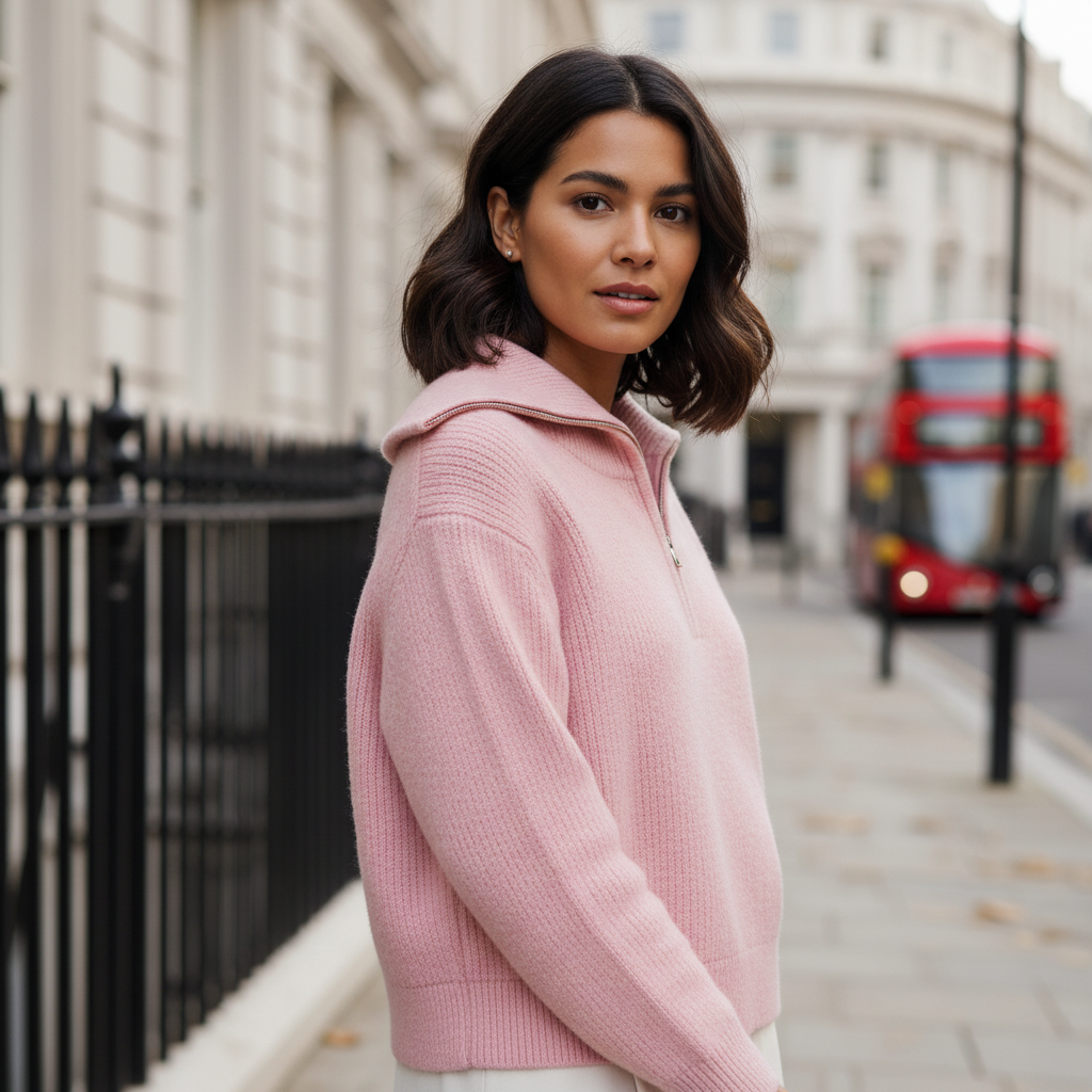 Women’s Sweater | Relaxed Fit, High Zip Collar Design - 1