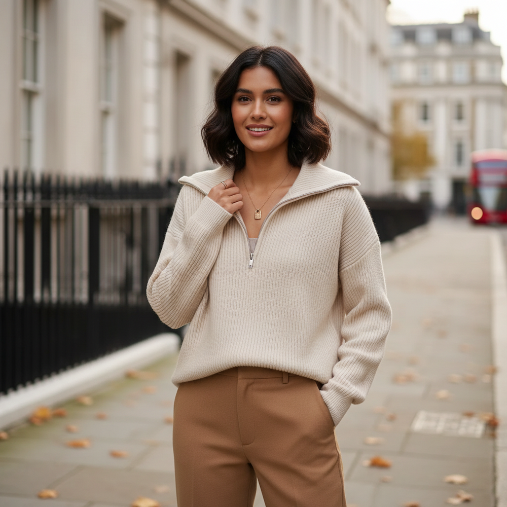 Women’s Sweater | Relaxed Fit, High Zip Collar Design - 2